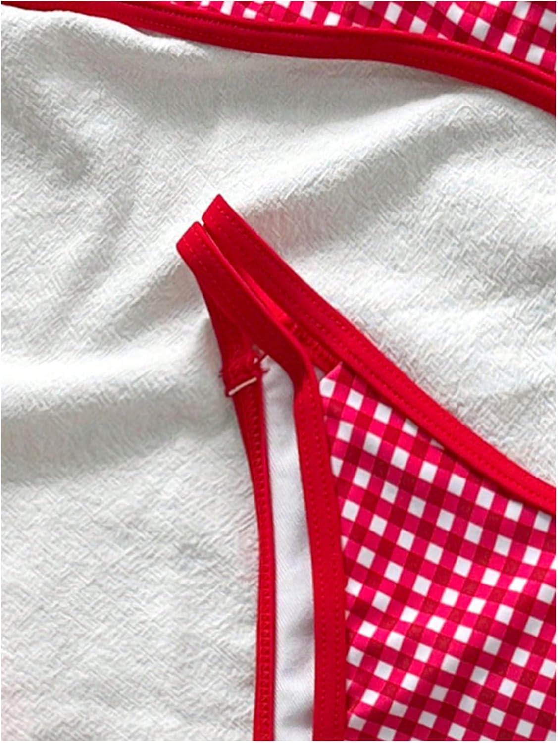 imageMakeMeChic Womens Micro Thong Bikini Set No Padding High Cut Bathing Suit SwimsuitRed