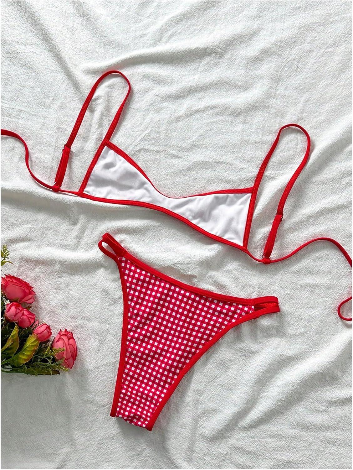 imageMakeMeChic Womens Micro Thong Bikini Set No Padding High Cut Bathing Suit SwimsuitRed