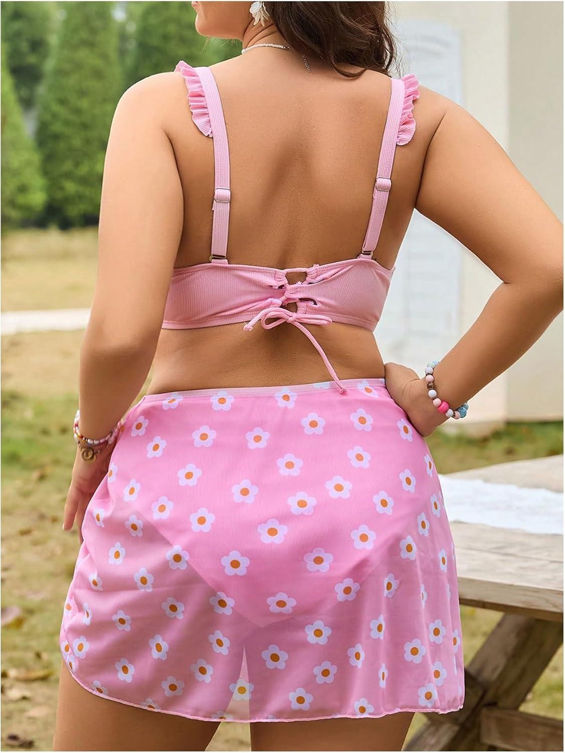 imageMakeMeChic Womens Plus Size 3 Piece Bikini Set Tie Front Ruffle Rib Knit Bathing Suit with Floral Cover Up SkirtPink