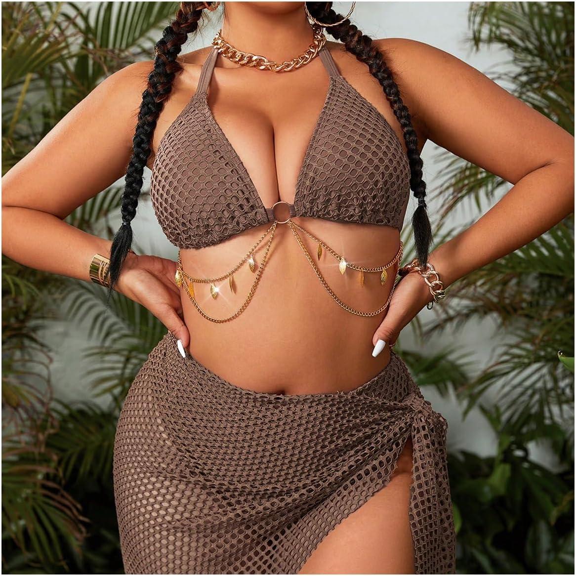 imageMakeMeChic Womens Plus Size 3 Piece Bikini Sets Halter Triangle Tie Back Ring Hollow Out Swimsuit with Cover Up SkirtBrown