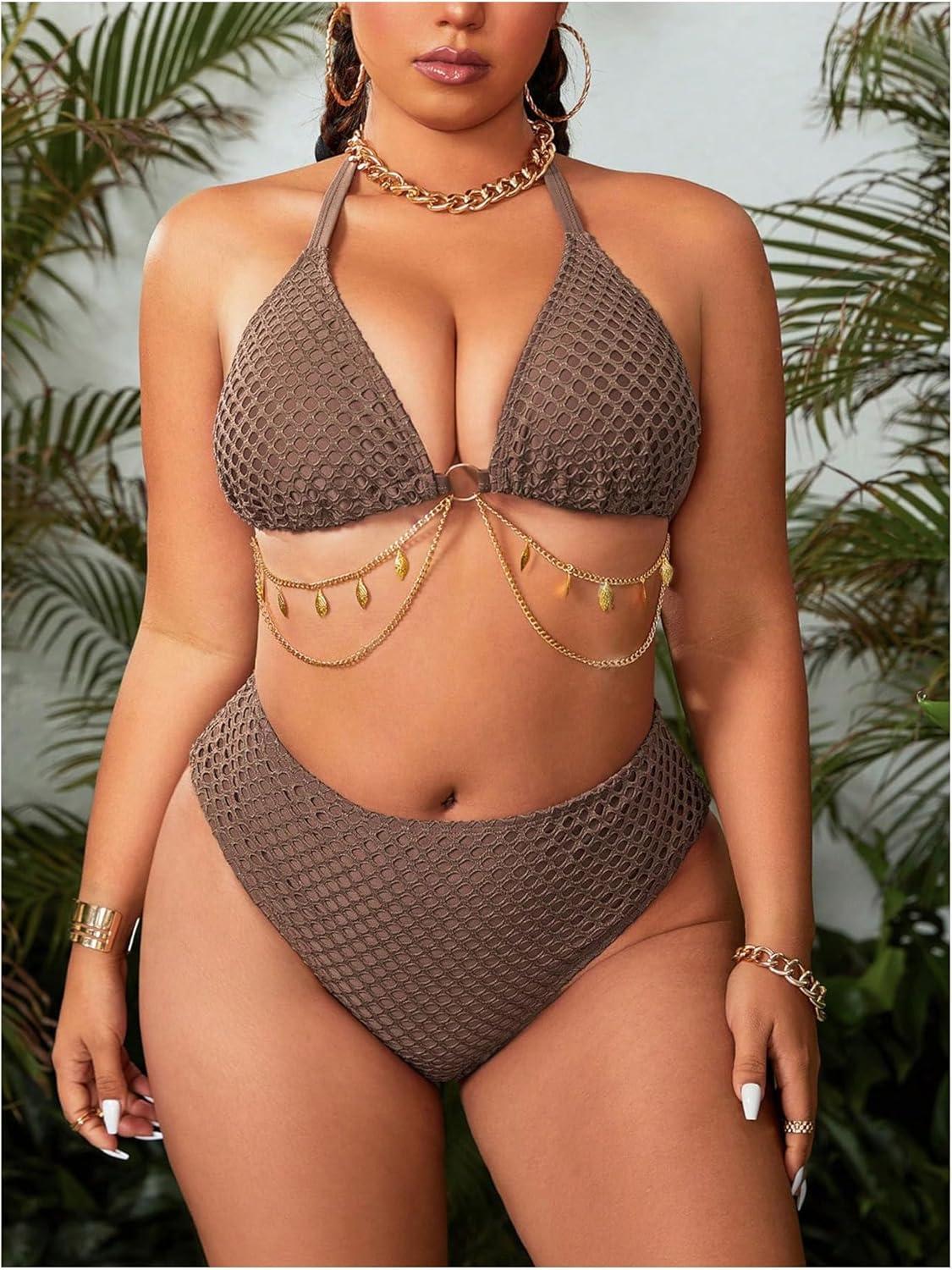 imageMakeMeChic Womens Plus Size 3 Piece Bikini Sets Halter Triangle Tie Back Ring Hollow Out Swimsuit with Cover Up SkirtBrown