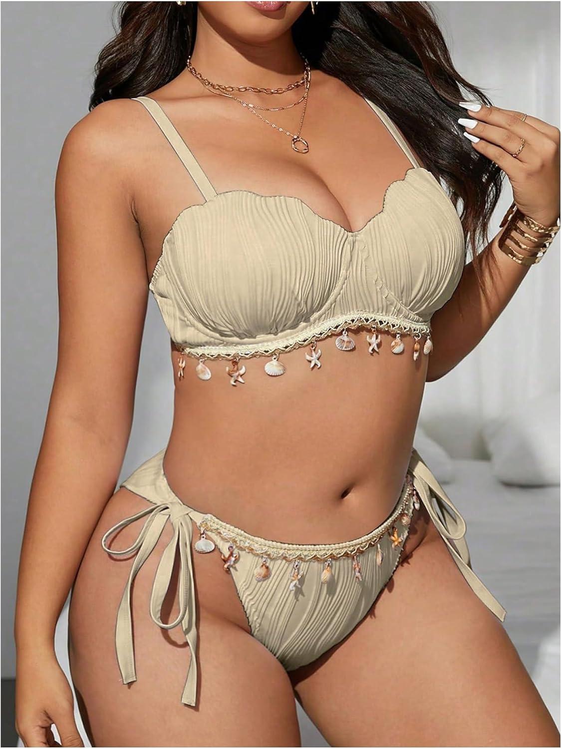 imageMakeMeChic Womens Plus Size Bikini Set Textured Underwire Push Up Tie Side Scallop Trim SwimsuitApricot