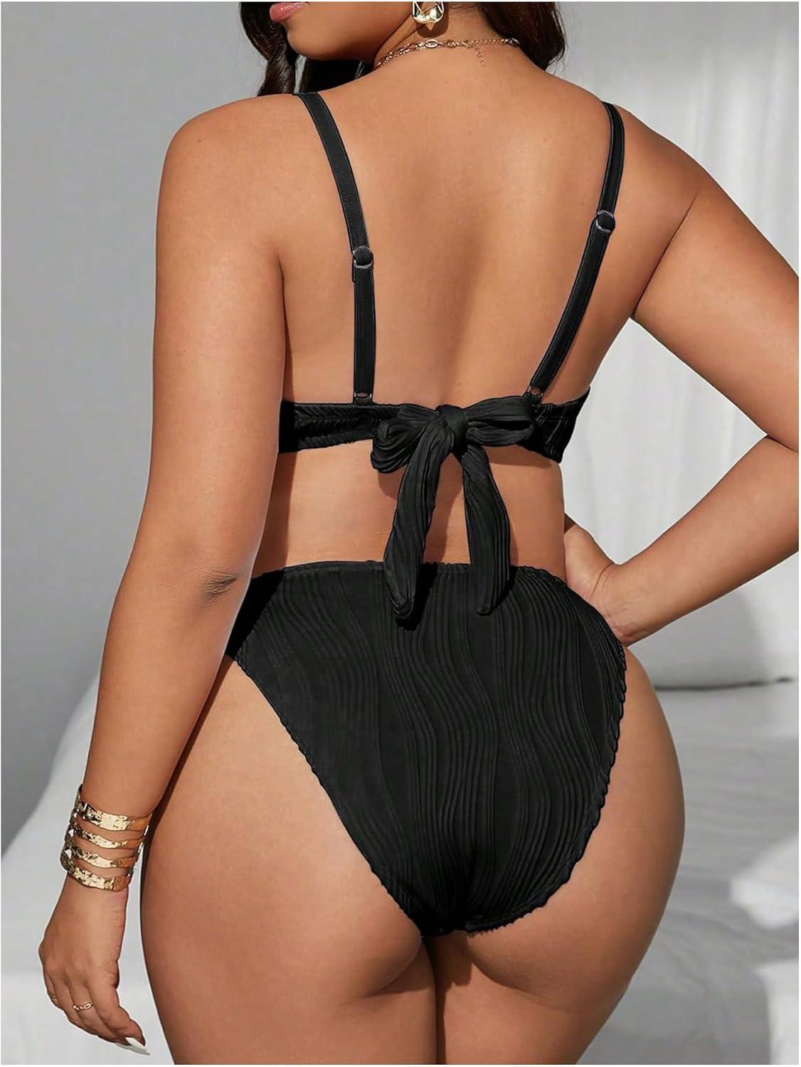 imageMakeMeChic Womens Plus Size Bikini Set Textured Underwire Push Up Tie Side Scallop Trim SwimsuitBlack