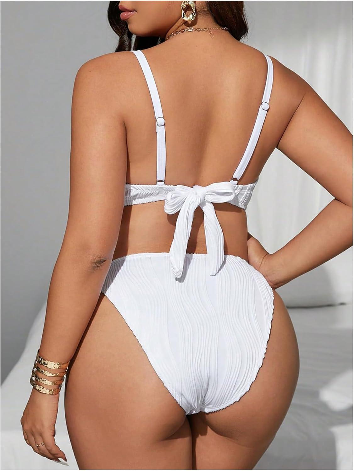 imageMakeMeChic Womens Plus Size Bikini Set Textured Underwire Push Up Tie Side Scallop Trim SwimsuitWhite