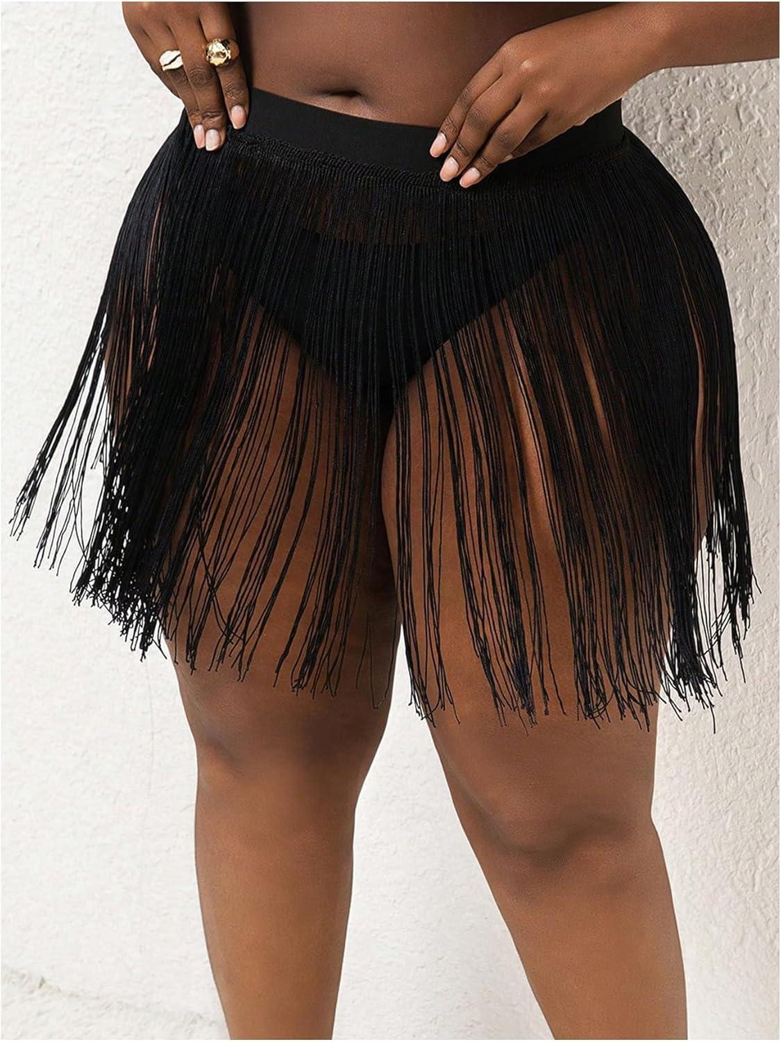 imageMakeMeChic Womens Plus Size Cover Up Fringe Beach Bathing Suit Mini SkirtsBlack