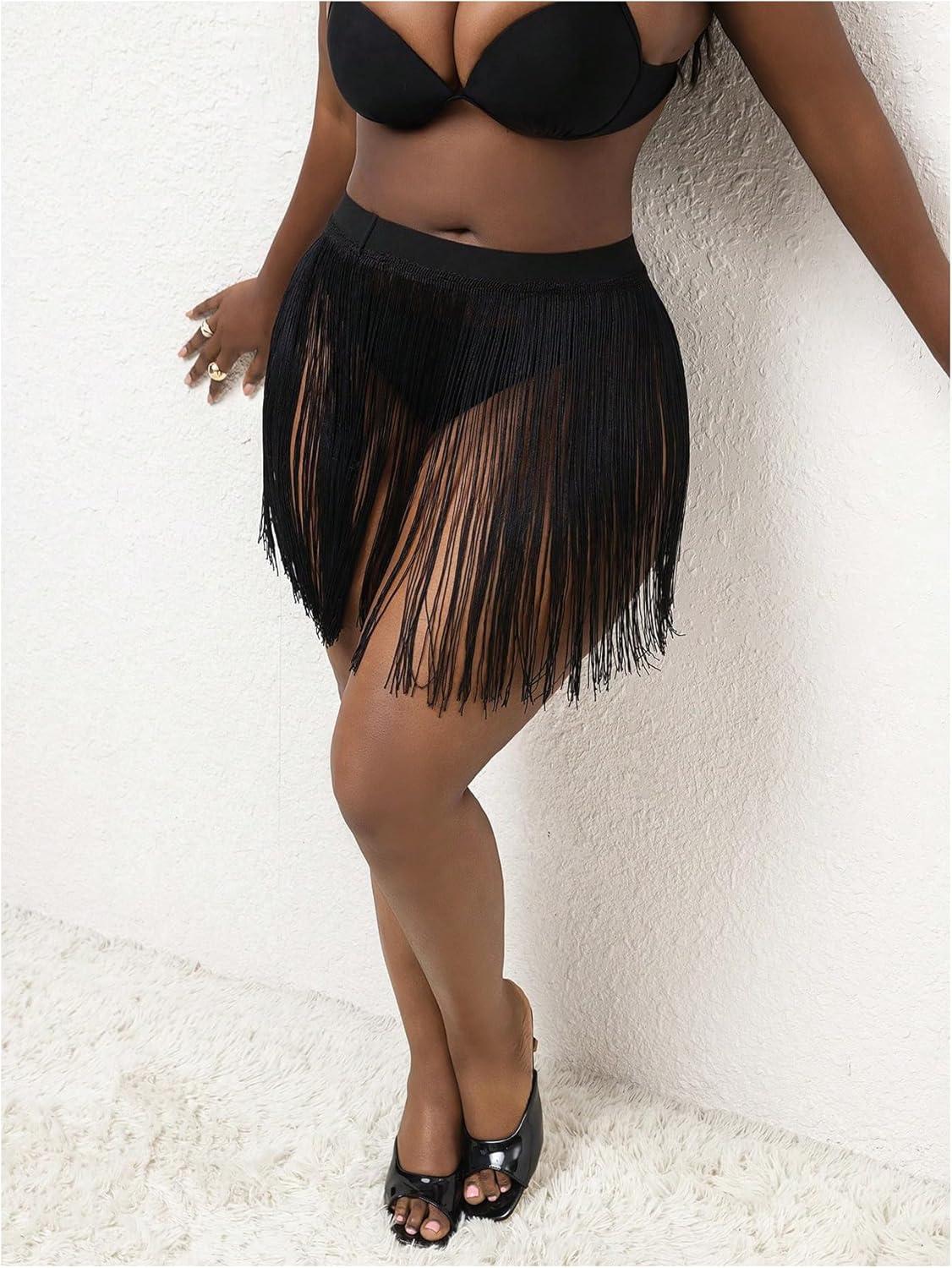 imageMakeMeChic Womens Plus Size Cover Up Fringe Beach Bathing Suit Mini SkirtsBlack