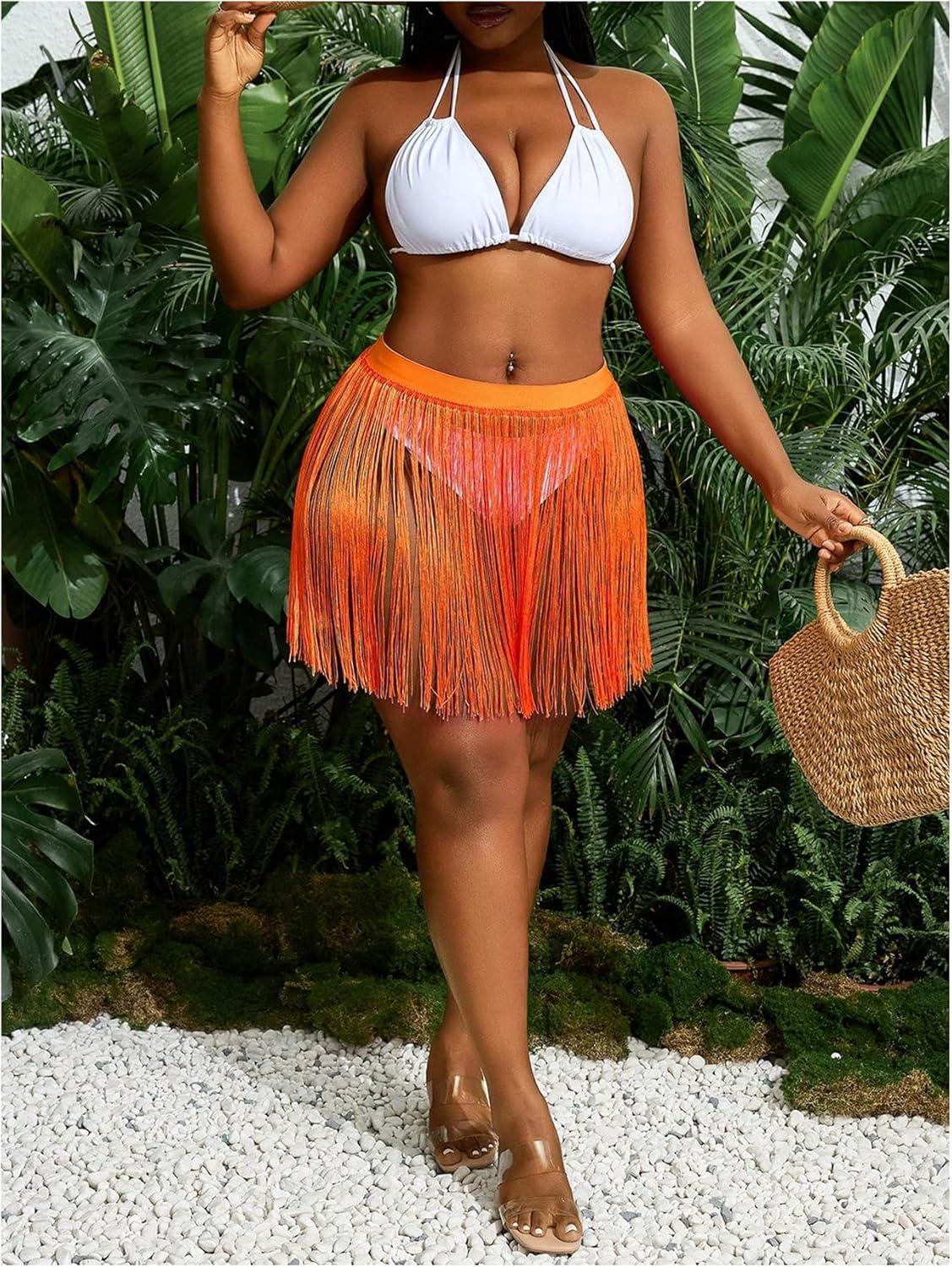 imageMakeMeChic Womens Plus Size Cover Up Fringe Beach Bathing Suit Mini SkirtsOrange