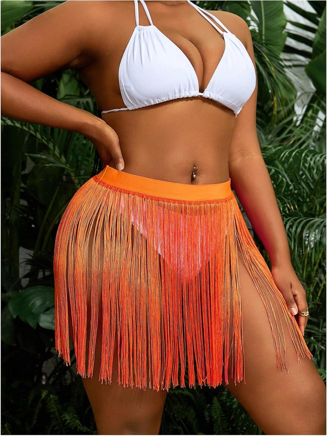 imageMakeMeChic Womens Plus Size Cover Up Fringe Beach Bathing Suit Mini SkirtsOrange