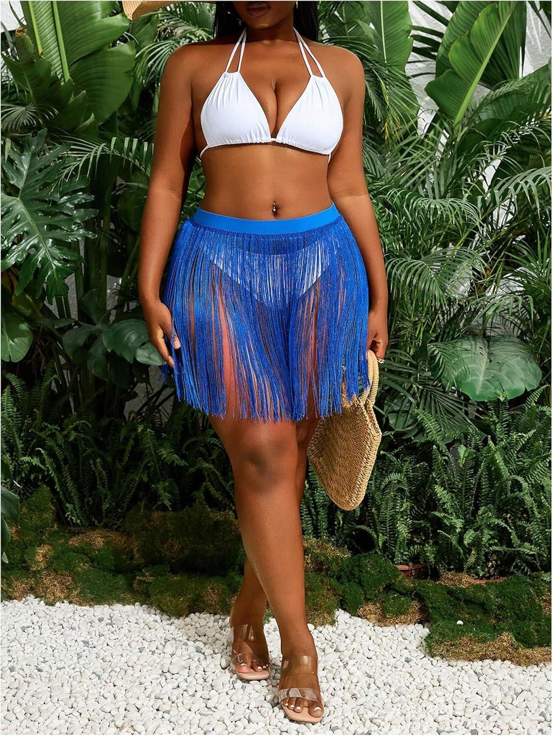 imageMakeMeChic Womens Plus Size Cover Up Fringe Beach Bathing Suit Mini SkirtsRoyal Blue