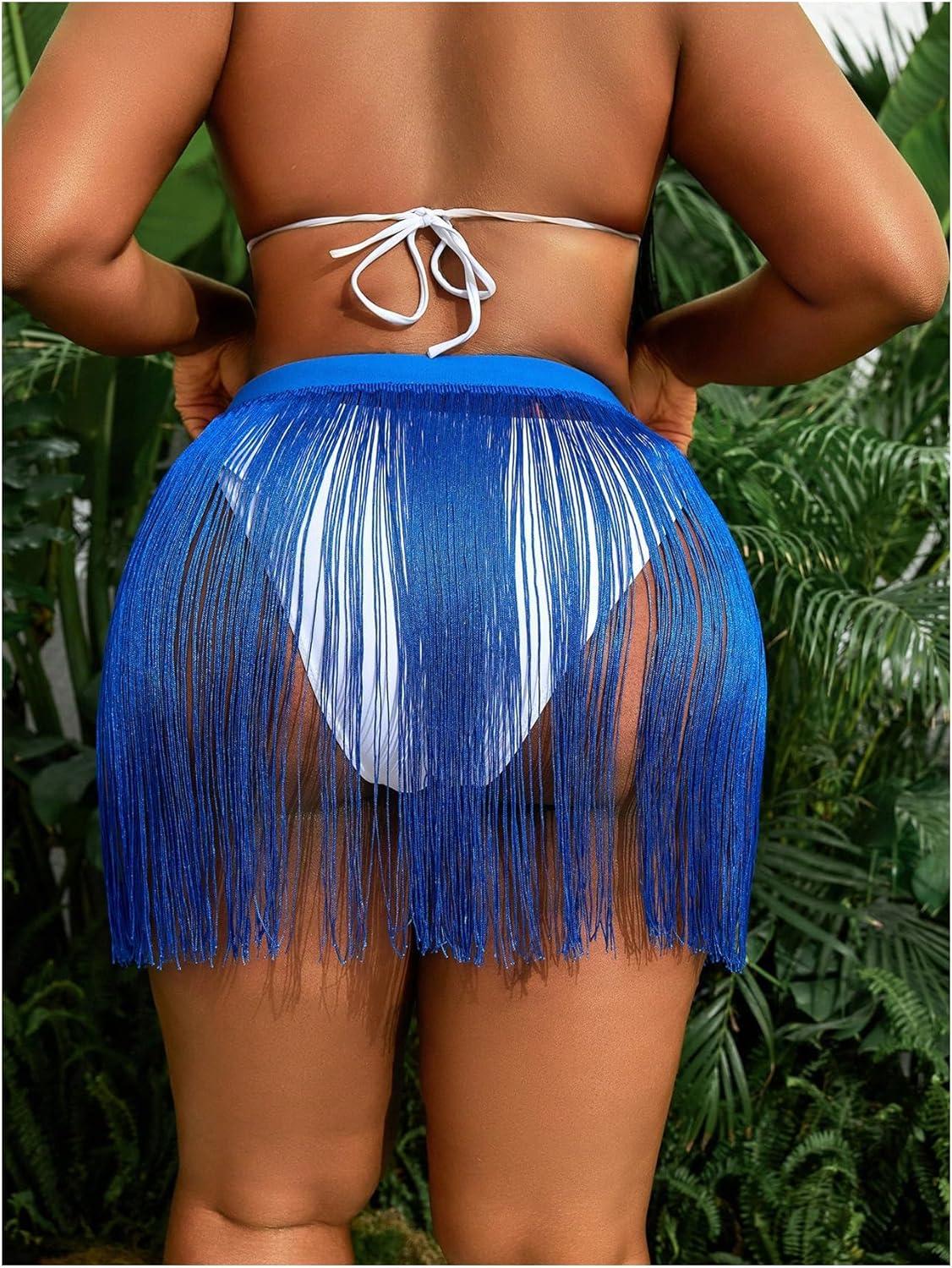 imageMakeMeChic Womens Plus Size Cover Up Fringe Beach Bathing Suit Mini SkirtsRoyal Blue