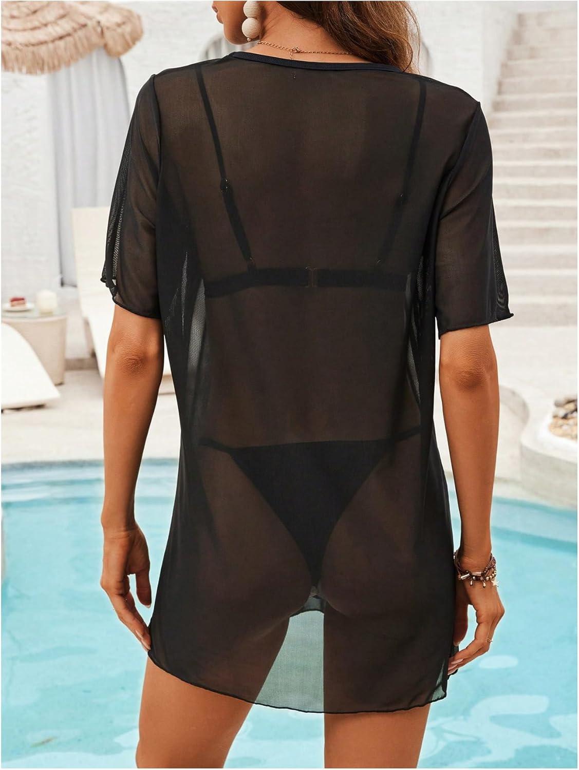 imageMakeMeChic Womens Sheer Mesh Swimsuit Cover Up See Through V Neck Short Sleeve Beach DressBlack