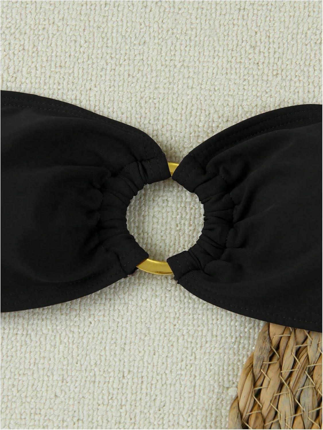 imageMakeMeChic Womens Strapless Bikini Set Bandeau Ring Linked Tie Side Bathing SuitBlack
