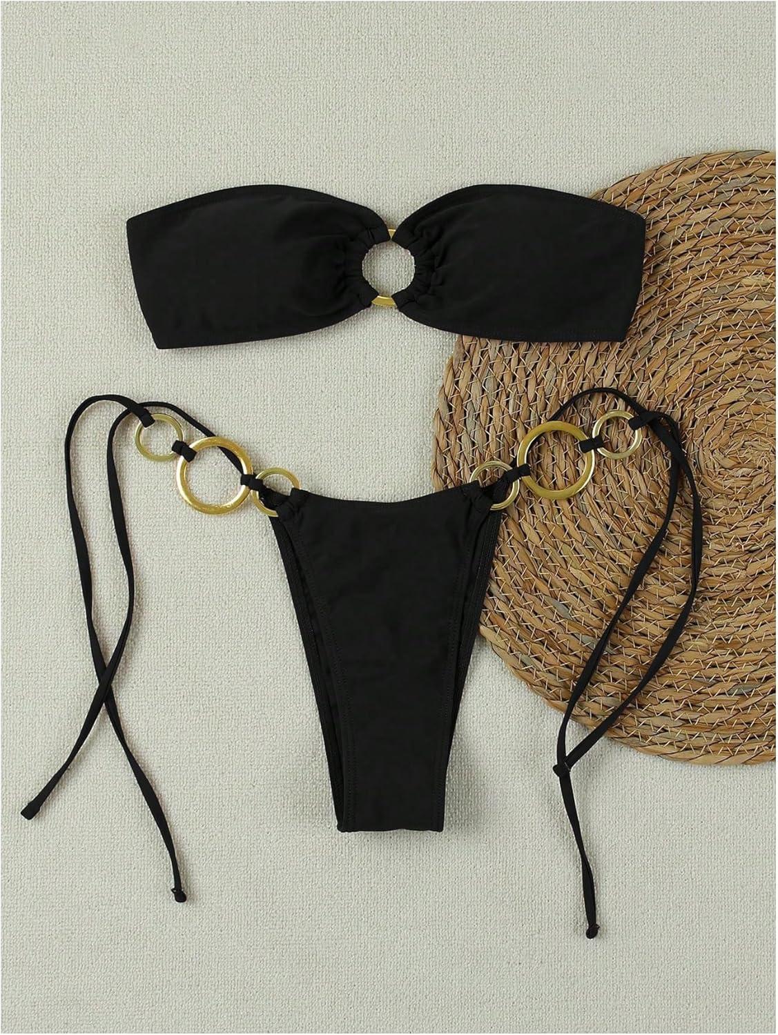 imageMakeMeChic Womens Strapless Bikini Set Bandeau Ring Linked Tie Side Bathing SuitBlack