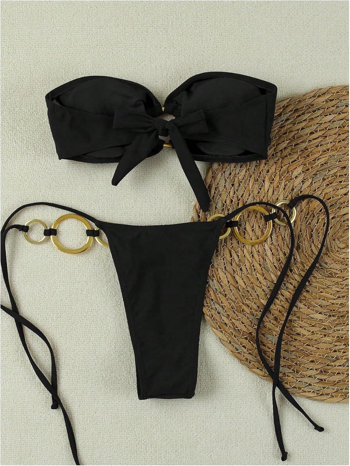 imageMakeMeChic Womens Strapless Bikini Set Bandeau Ring Linked Tie Side Bathing SuitBlack