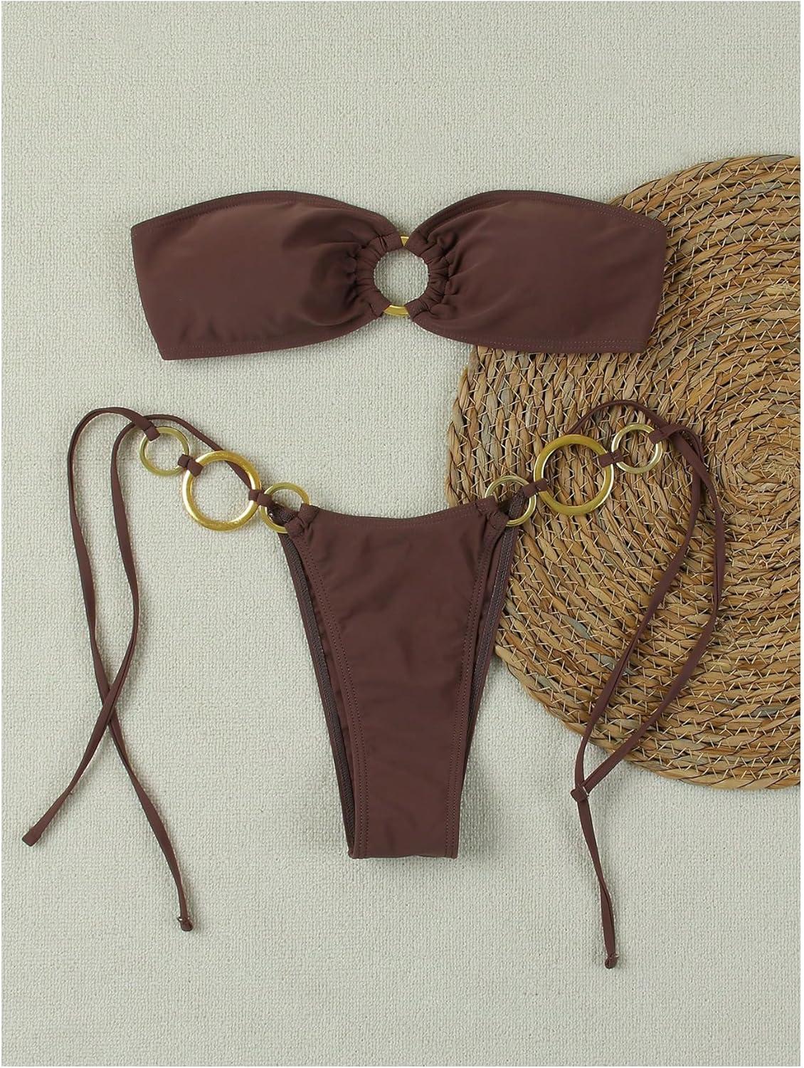 imageMakeMeChic Womens Strapless Bikini Set Bandeau Ring Linked Tie Side Bathing SuitKhaki