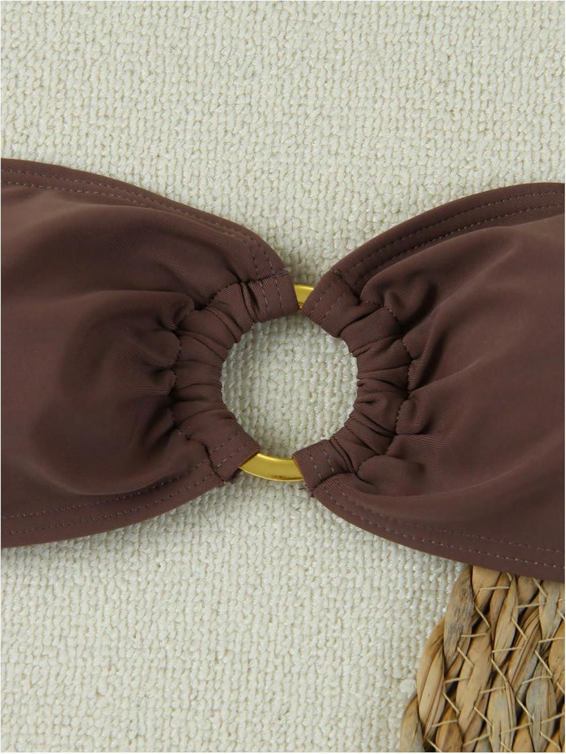 imageMakeMeChic Womens Strapless Bikini Set Bandeau Ring Linked Tie Side Bathing SuitKhaki