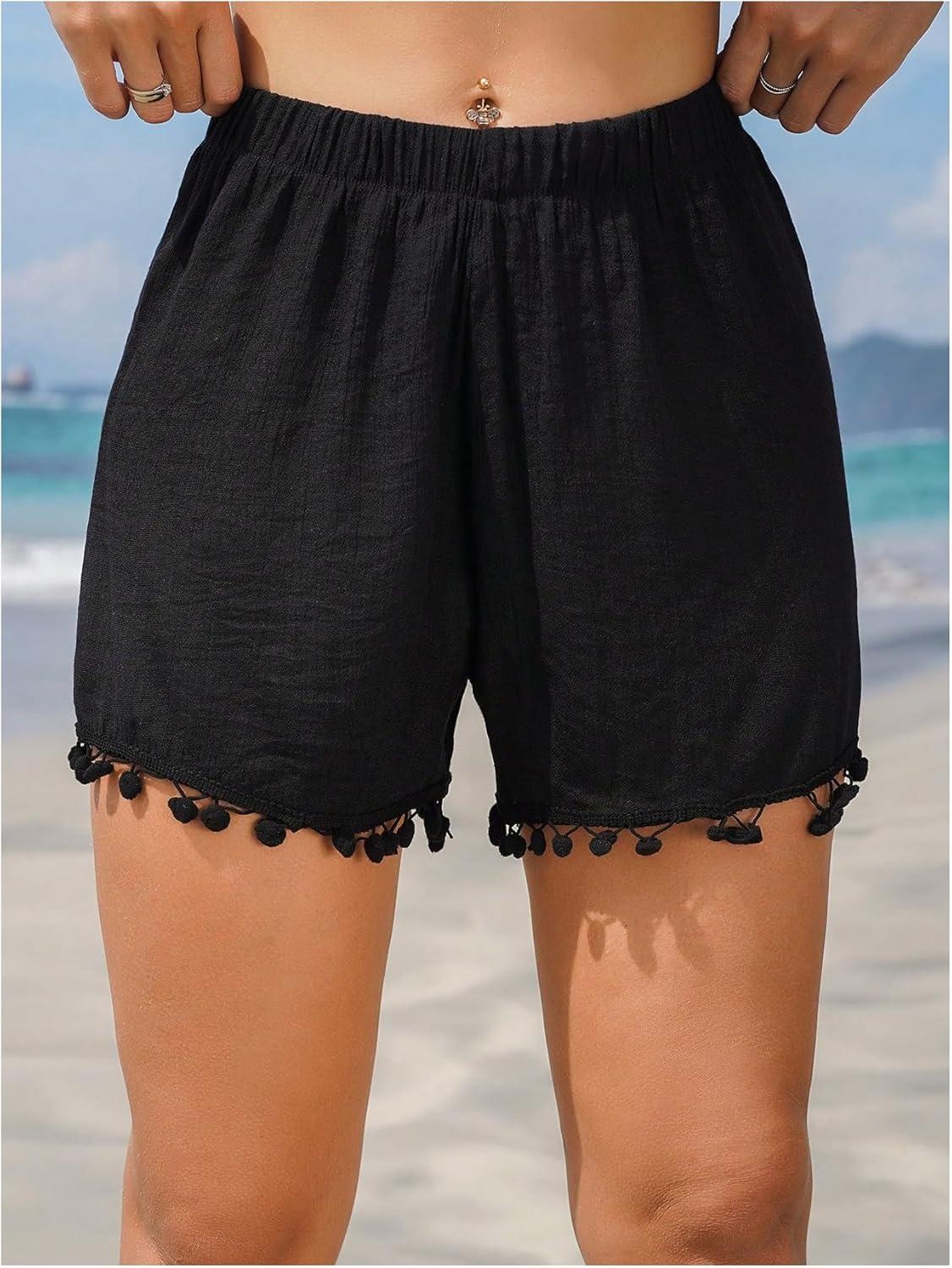 imageMakeMeChic Womens Tassel Hem High Waist Shorts Elastic Waist Wide Leg Summer Beach ShortsBlack