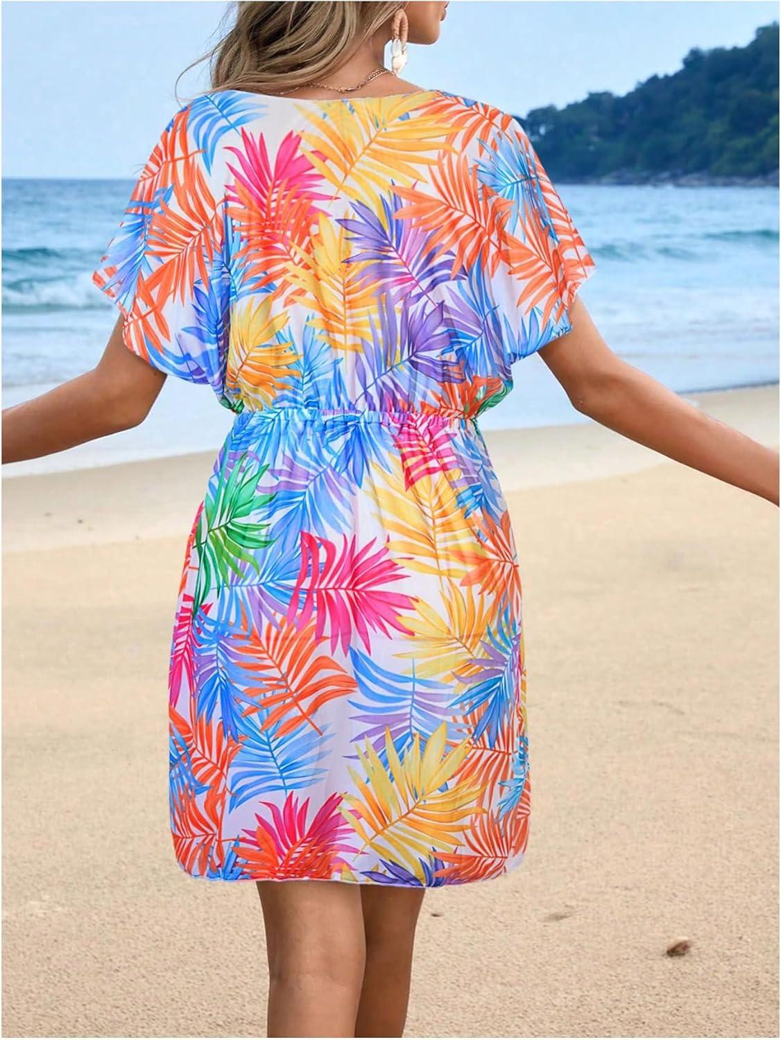 imageMakeMeChic Womens Tropical Print Bikini Cover Up V Neck Short Sleeve A Line Beach DressMulticolor