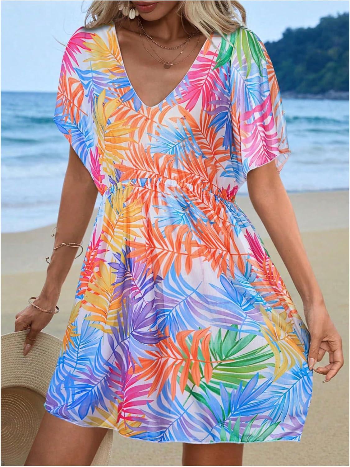 imageMakeMeChic Womens Tropical Print Bikini Cover Up V Neck Short Sleeve A Line Beach DressMulticolor