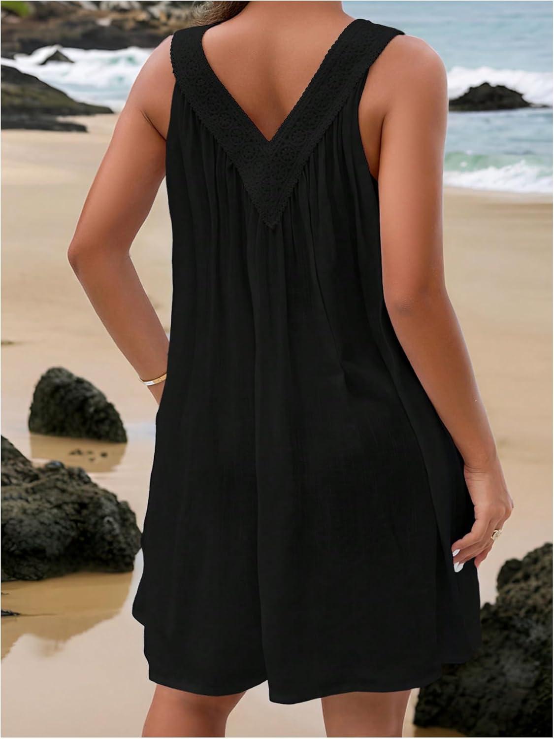 imageMakeMeChic Womens V Neck Sleeveless Mini Dress Ruffle A Line Summer Short DressesBlack