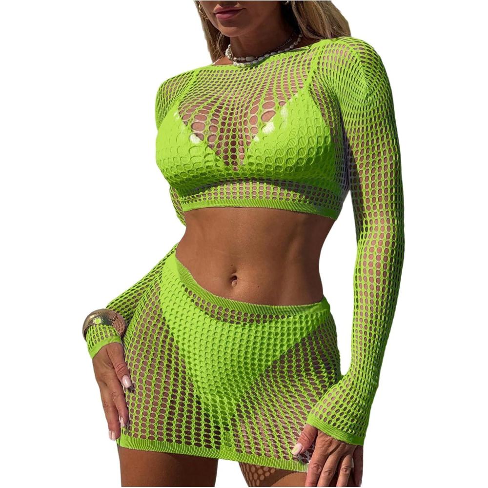 imageMakeMeChic Womens 2 Piece Bikini Cover Ups Hollow Out Long Sleeve See Through Crop Top and Mini Skirt SetLime Green