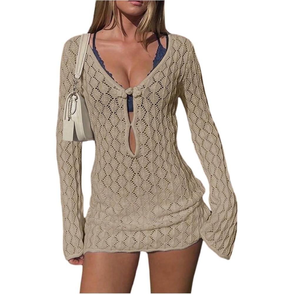imageMakeMeChic Womens Bathing Suit Beach Cover Ups Long Sleeve Crochet Mini DressKhaki