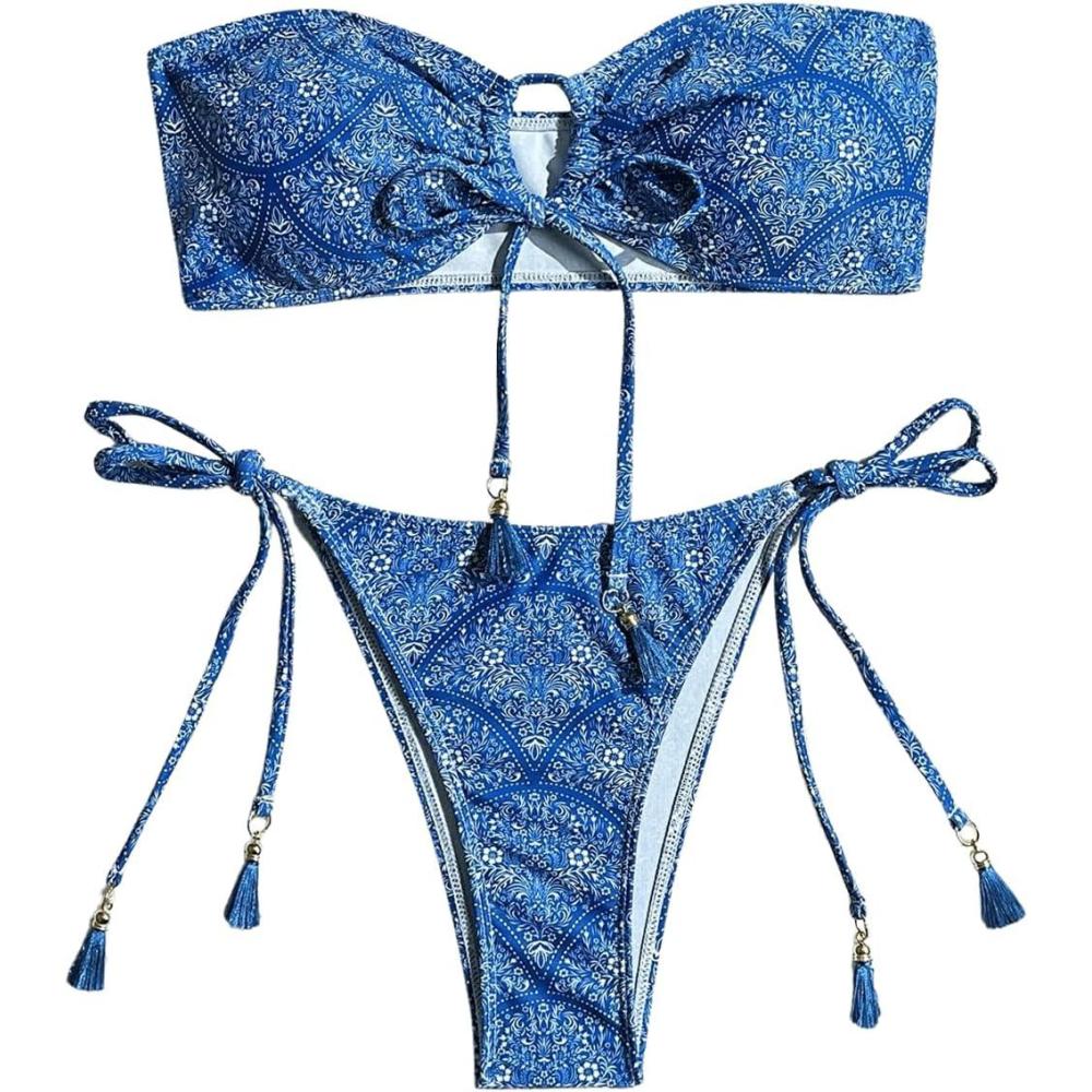 imageMakeMeChic Womens Bikini Sets Floral Print Bow Knot Tie Side Bandeau Bathing SuitsBlue