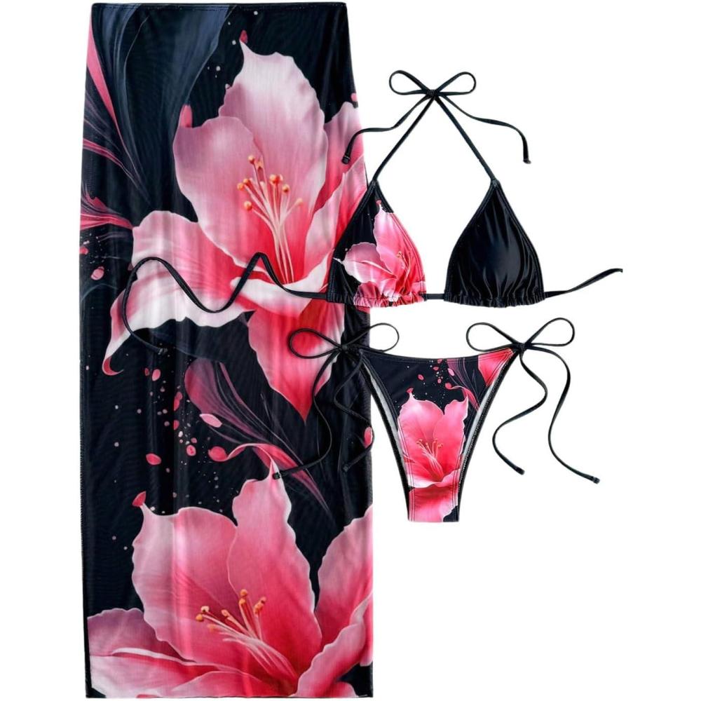 imageMakeMeChic Womens Floral Bikini Set Halter Triangle Tie Side Swimsuits with Cover Up SkirtBlack