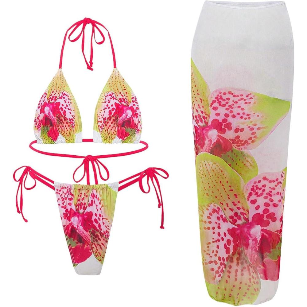 imageMakeMeChic Womens Floral Bikini Set Halter Triangle Tie Side Swimsuits with Cover Up SkirtWhite