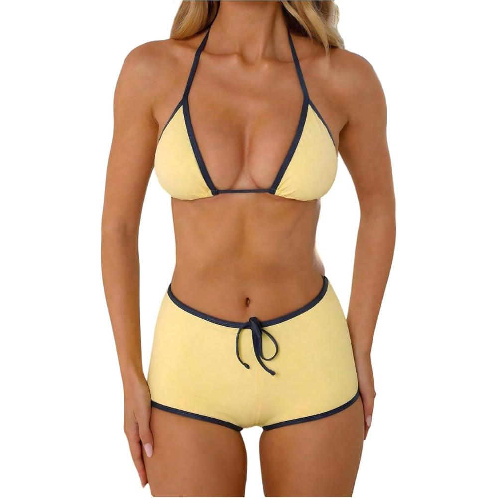 imageMakeMeChic Womens Halter Triangle Bikini Sets Leopard Swim Shorts Swimsuit Bathing SuitYellow
