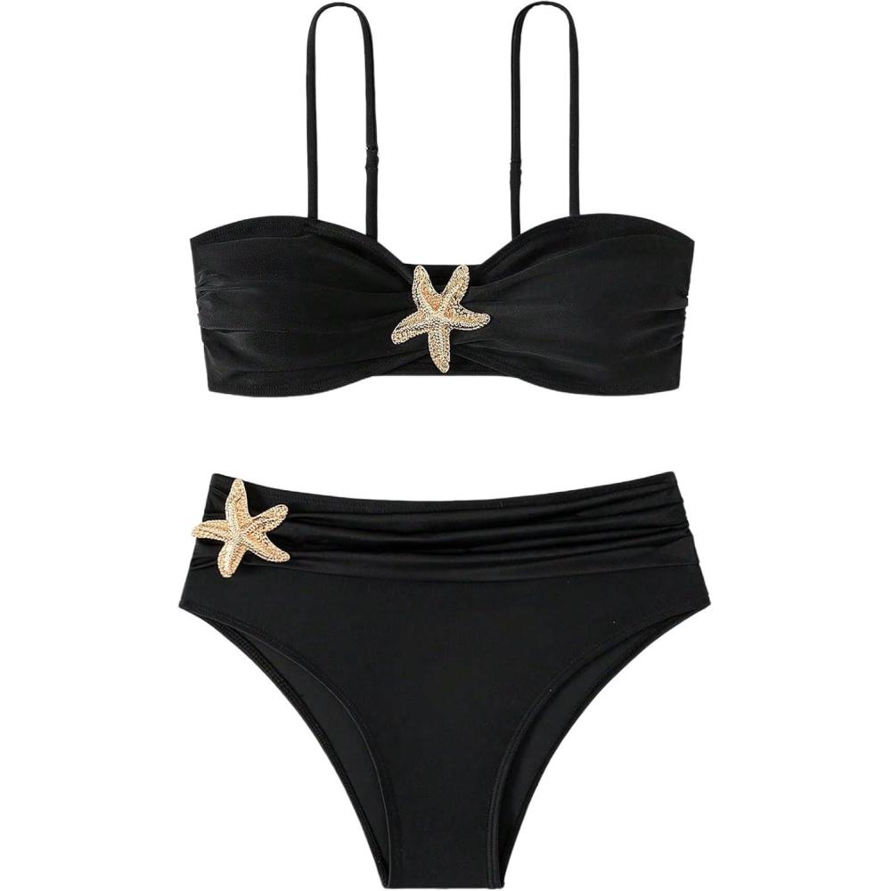 imageMakeMeChic Womens High Waist Bikini Set Metal Starfish Ruched Spaghetti Strap Bathing SuitBlack