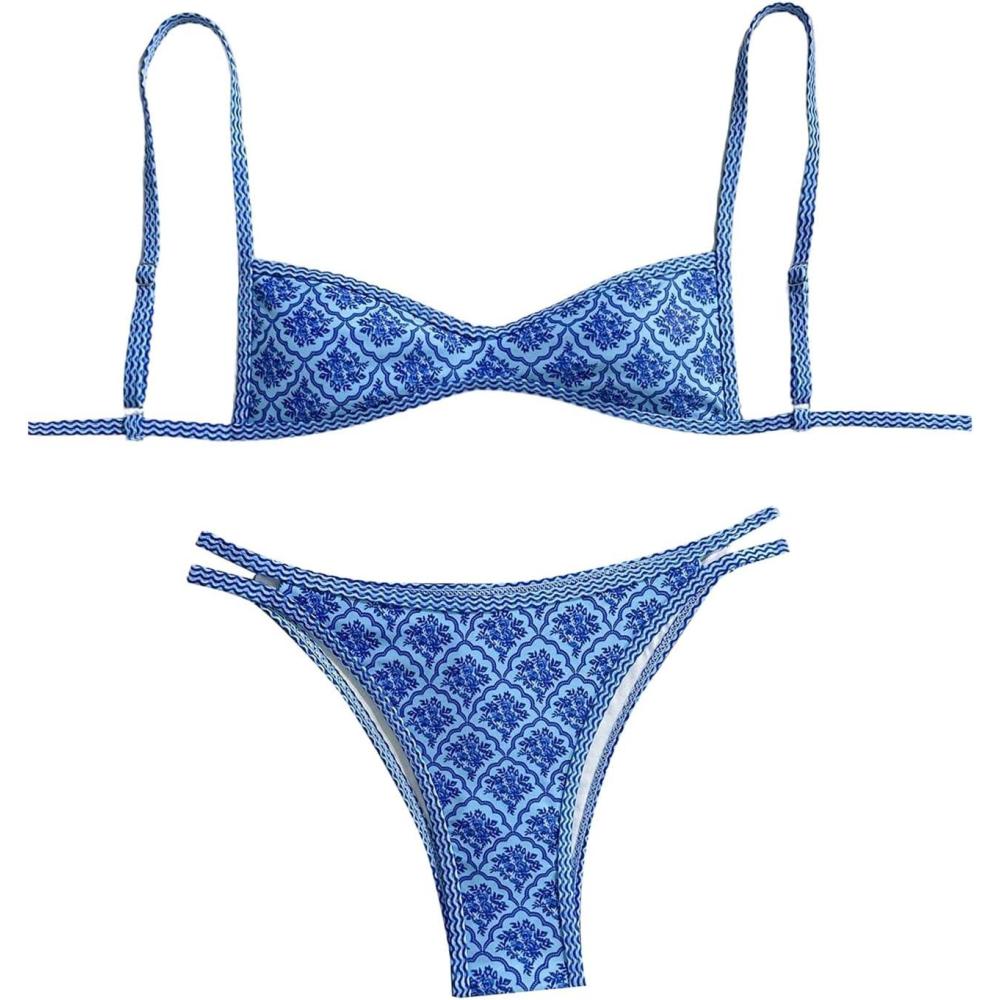 imageMakeMeChic Womens Micro Thong Bikini Set No Padding High Cut Bathing Suit SwimsuitBlue