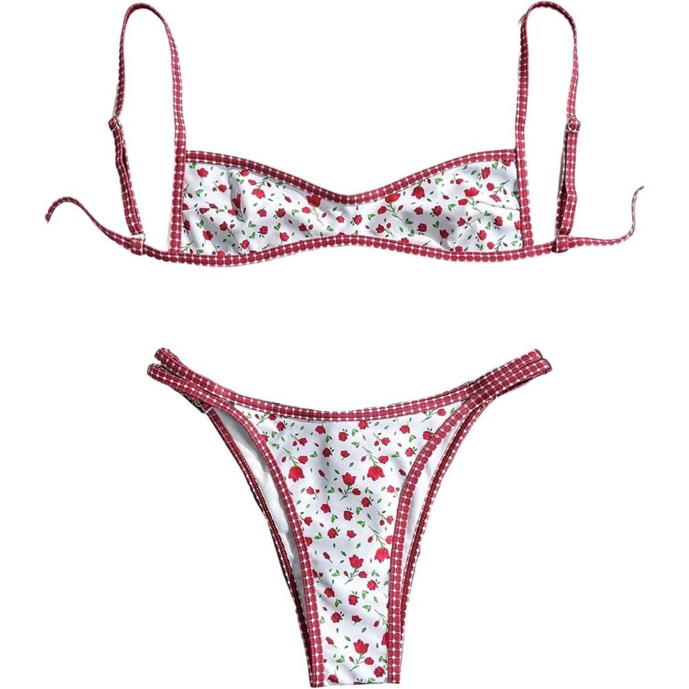 imageMakeMeChic Womens Micro Thong Bikini Set No Padding High Cut Bathing Suit SwimsuitFloral Red White