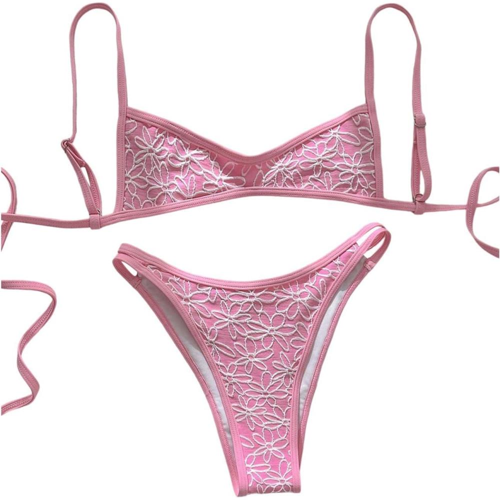 imageMakeMeChic Womens Micro Thong Bikini Set No Padding High Cut Bathing Suit SwimsuitFlower Pink