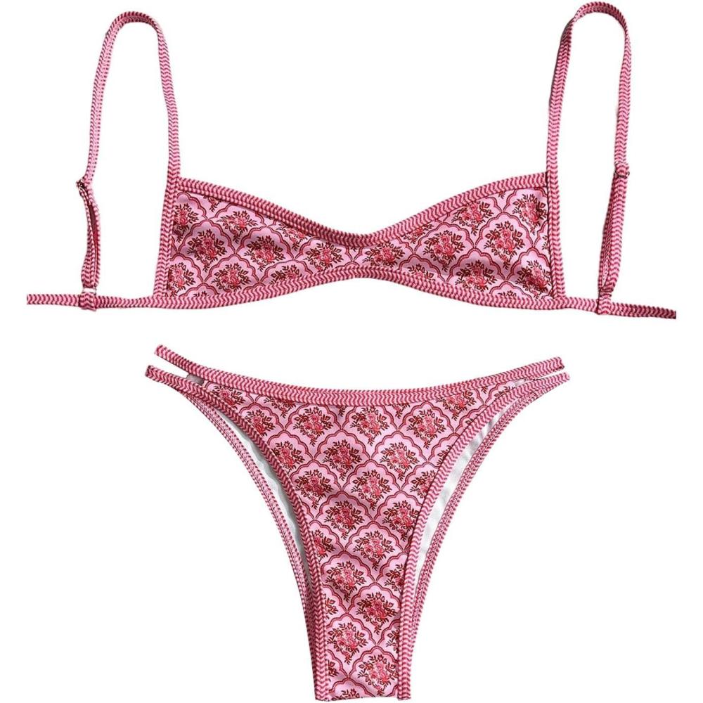 imageMakeMeChic Womens Micro Thong Bikini Set No Padding High Cut Bathing Suit SwimsuitPink
