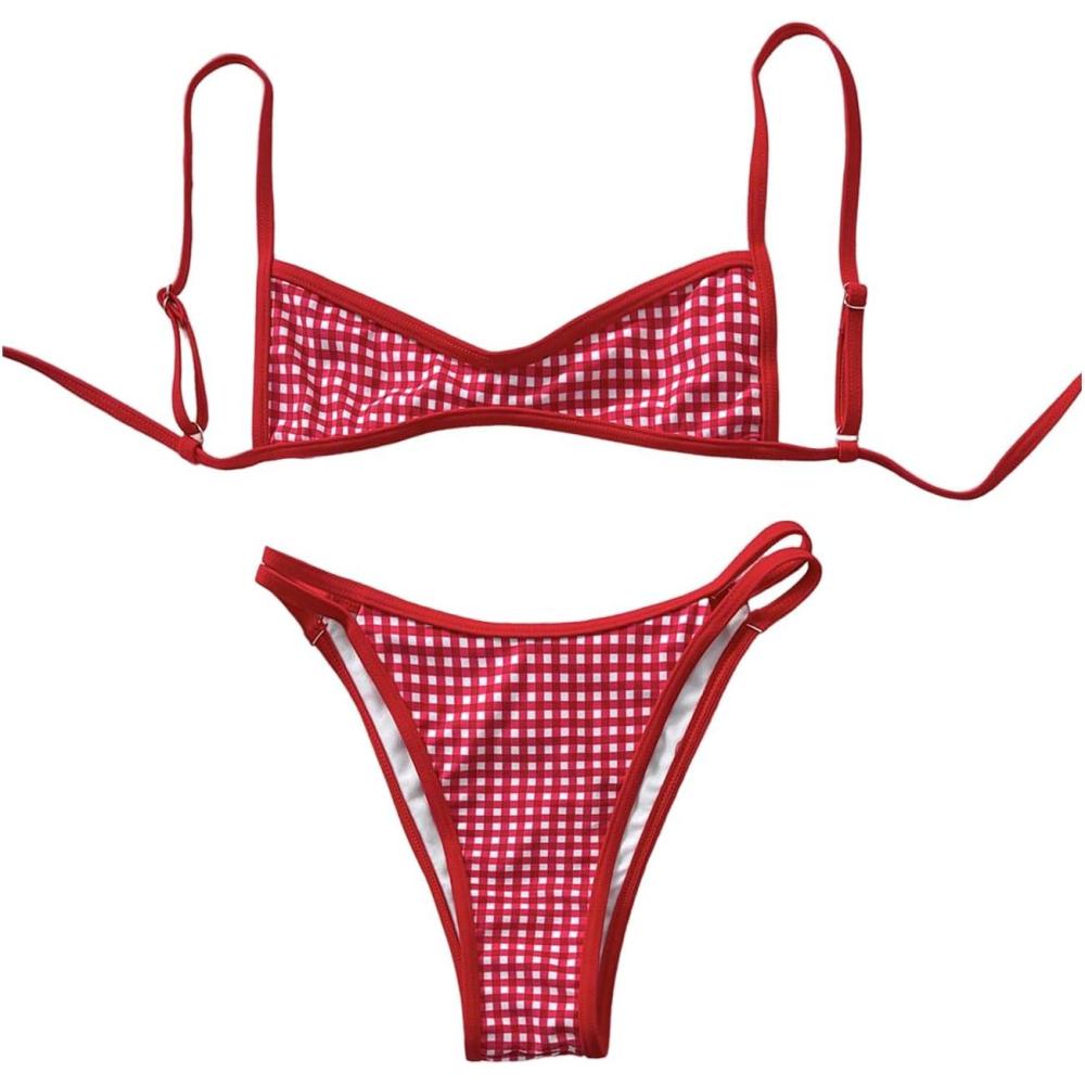 imageMakeMeChic Womens Micro Thong Bikini Set No Padding High Cut Bathing Suit SwimsuitRed