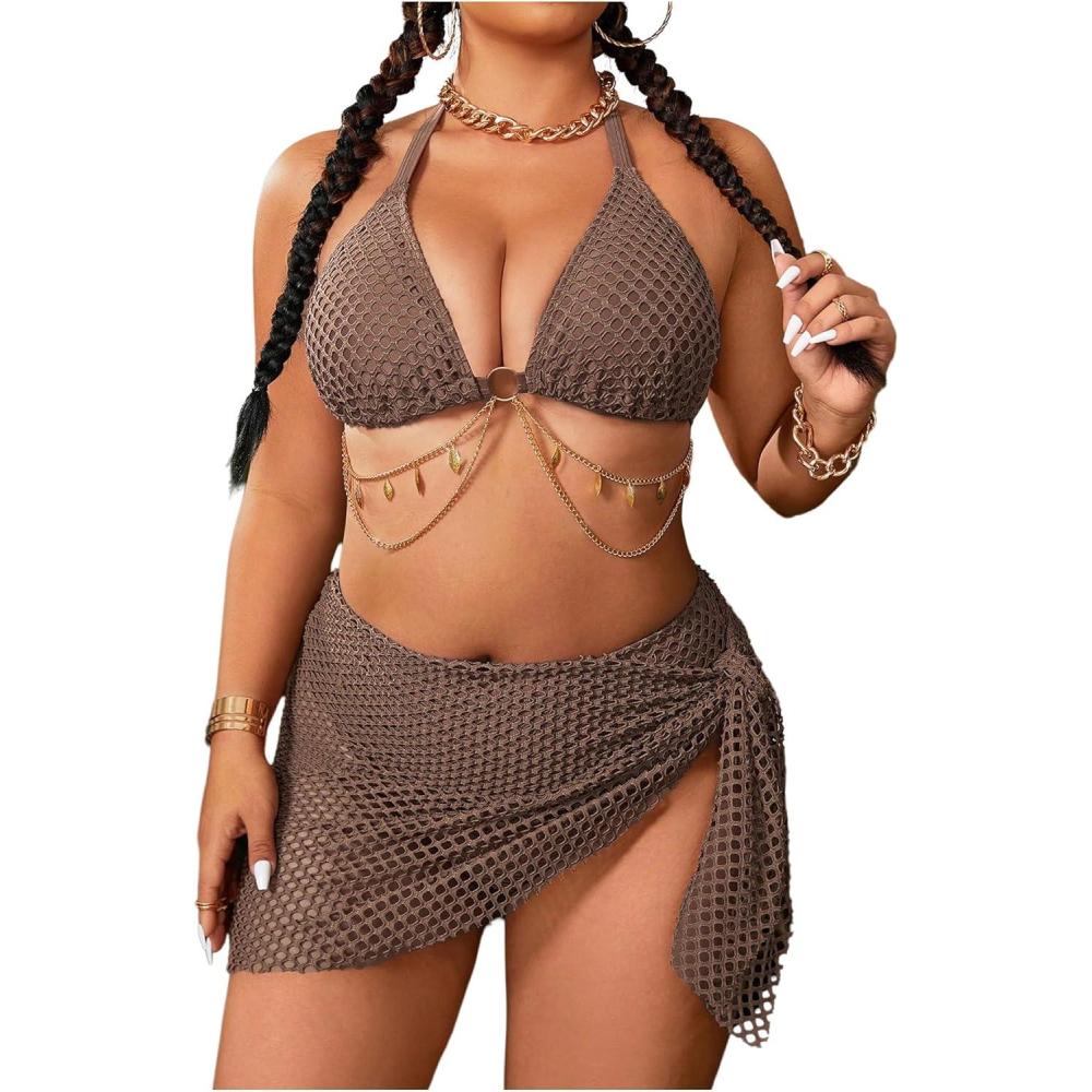 imageMakeMeChic Womens Plus Size 3 Piece Bikini Sets Halter Triangle Tie Back Ring Hollow Out Swimsuit with Cover Up SkirtBrown