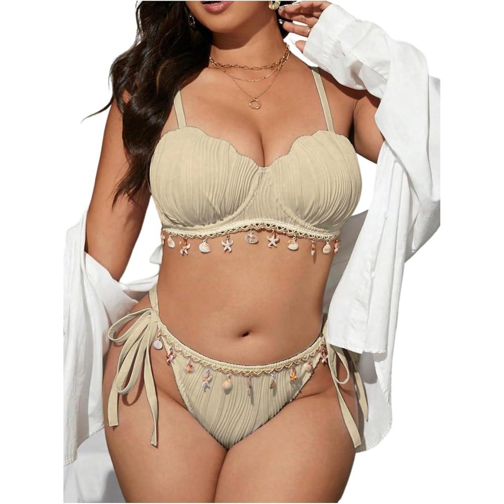 imageMakeMeChic Womens Plus Size Bikini Set Textured Underwire Push Up Tie Side Scallop Trim SwimsuitApricot