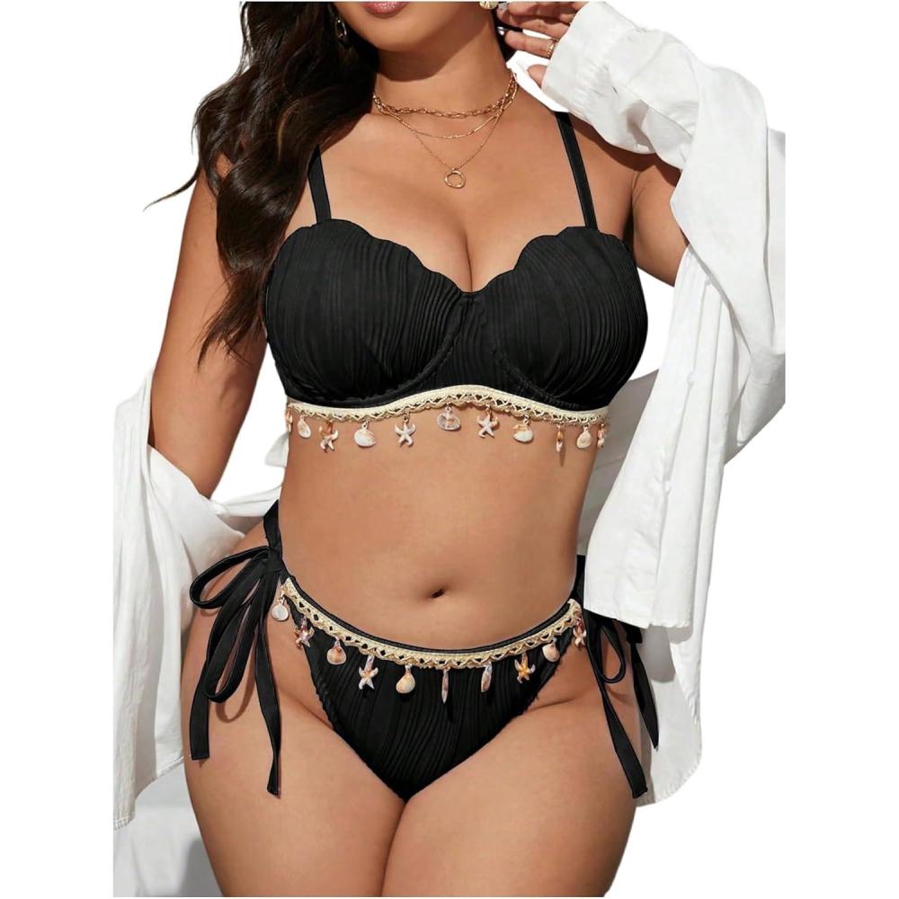 imageMakeMeChic Womens Plus Size Bikini Set Textured Underwire Push Up Tie Side Scallop Trim SwimsuitBlack