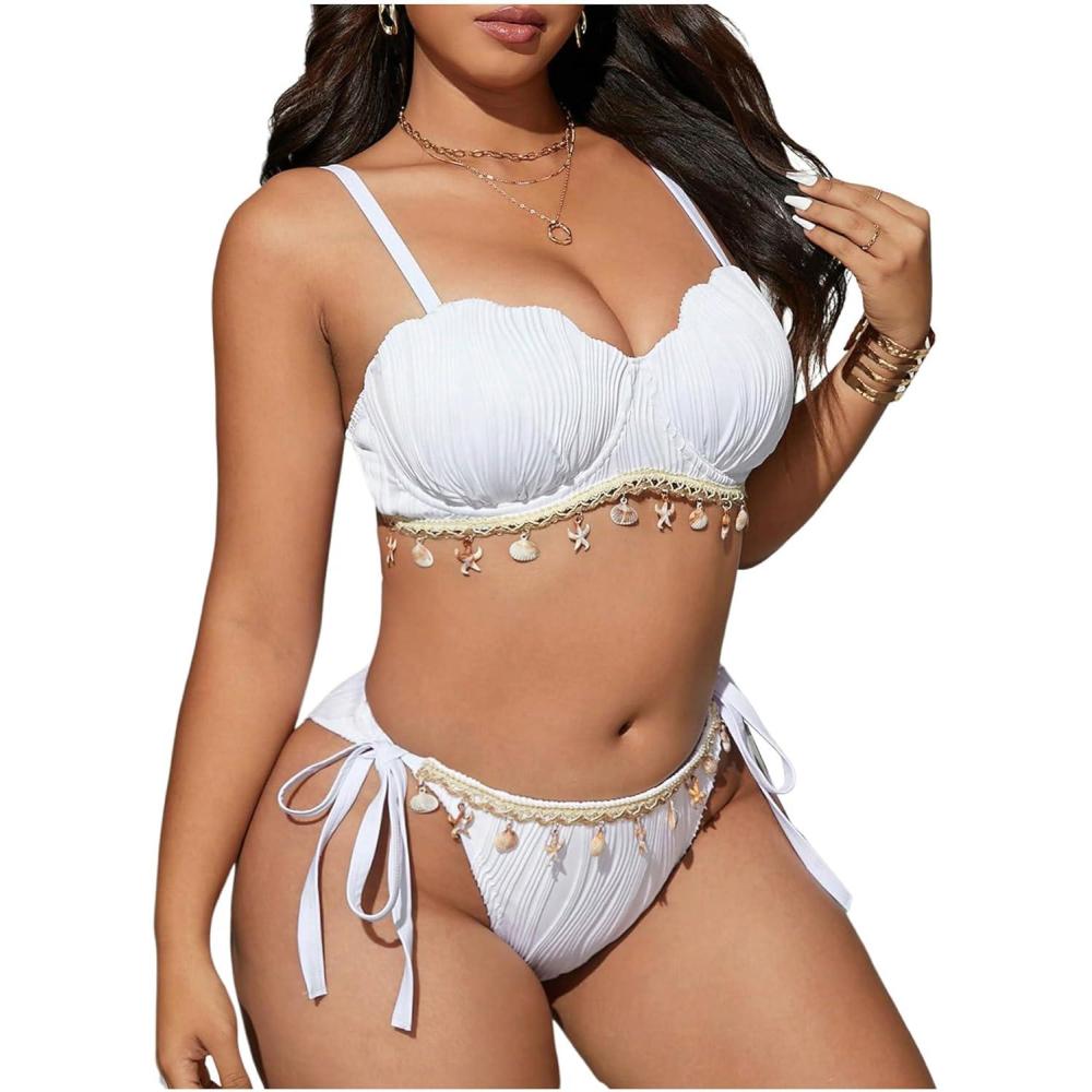 imageMakeMeChic Womens Plus Size Bikini Set Textured Underwire Push Up Tie Side Scallop Trim SwimsuitWhite