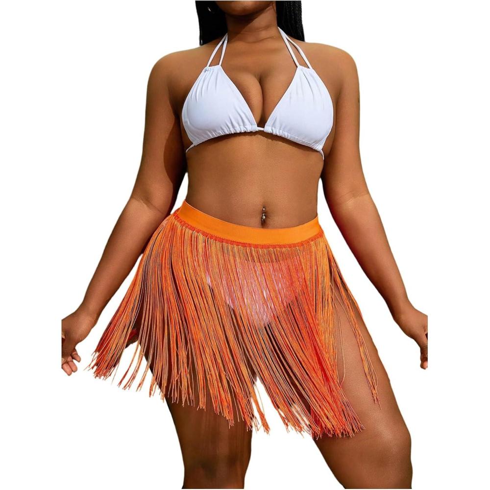 imageMakeMeChic Womens Plus Size Cover Up Fringe Beach Bathing Suit Mini SkirtsOrange