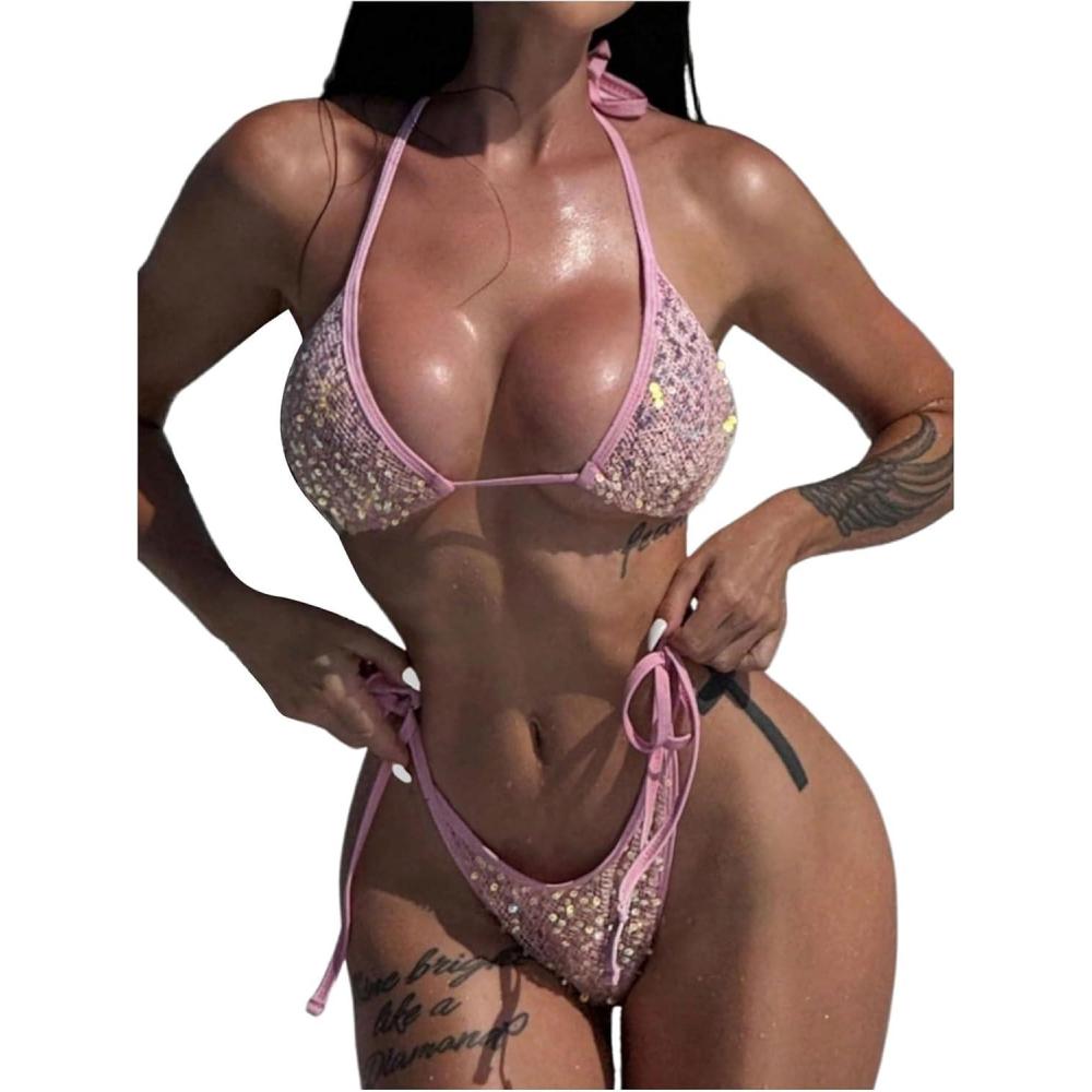 imageMakeMeChic Womens Sparkly Two Piece Bikini Set Sequin Halter Backless Tie Side Swimsuit Bathing SuitsPink