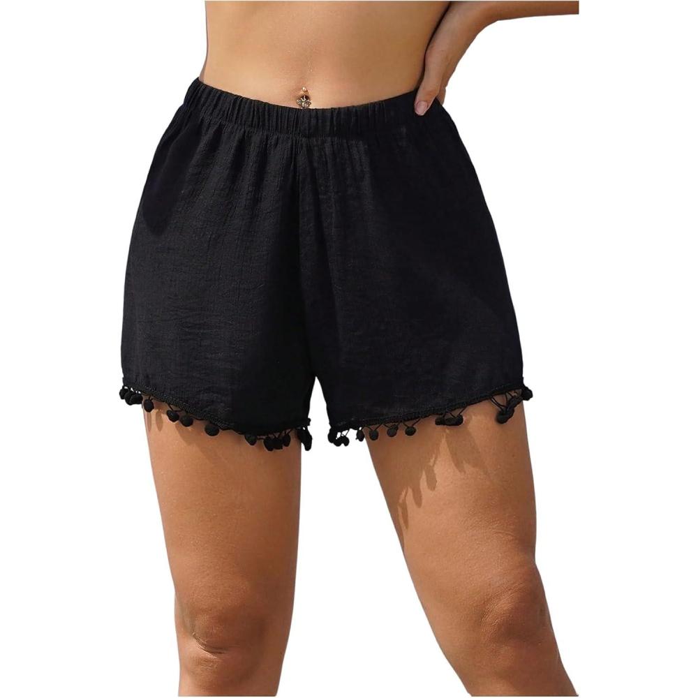 imageMakeMeChic Womens Tassel Hem High Waist Shorts Elastic Waist Wide Leg Summer Beach ShortsBlack