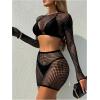 imageMakeMeChic Womens 2 Piece Bikini Cover Ups Hollow Out Long Sleeve See Through Crop Top and Mini Skirt SetBlack