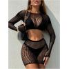imageMakeMeChic Womens 2 Piece Bikini Cover Ups Hollow Out Long Sleeve See Through Crop Top and Mini Skirt SetBlack