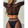 imageMakeMeChic Womens 2 Piece Bikini Cover Ups Hollow Out Long Sleeve See Through Crop Top and Mini Skirt SetBlack