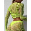 imageMakeMeChic Womens 2 Piece Bikini Cover Ups Hollow Out Long Sleeve See Through Crop Top and Mini Skirt SetLime Green