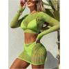 imageMakeMeChic Womens 2 Piece Bikini Cover Ups Hollow Out Long Sleeve See Through Crop Top and Mini Skirt SetLime Green