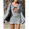 imageMakeMeChic Womens Bathing Suit Beach Cover Ups Long Sleeve Crochet Mini DressBlue and White