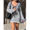 imageMakeMeChic Womens Bathing Suit Beach Cover Ups Long Sleeve Crochet Mini DressBlue and White